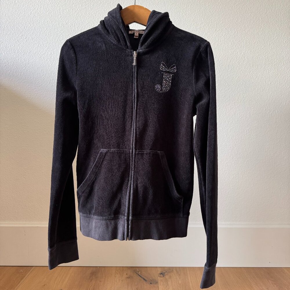 ✨ Juicy Couture Black Velour Hoodie Zip Up – Shine Juicy Shine – Size L